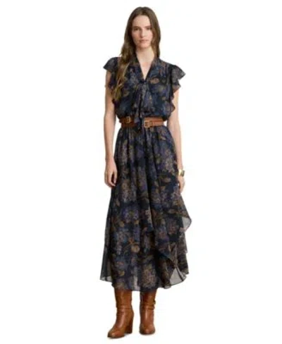 Ralph Lauren Womens Floral Crinkle Georgette Tie Neck Midi Dress In Black