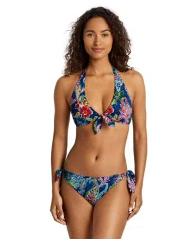 Ralph Lauren Womens Front Tie Halter Bra Side Tie Scoop Hipster Bottoms In Multi