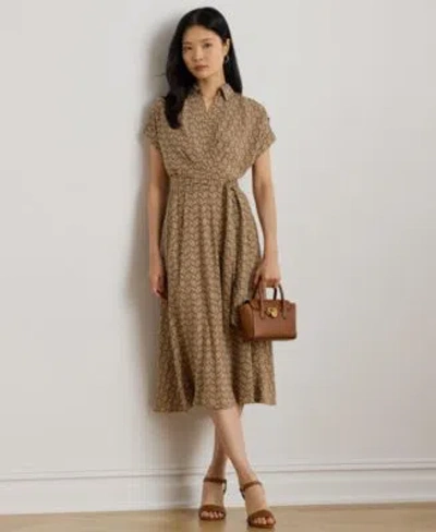 RALPH LAUREN WOMENS GEO PRINT BELTED CREPE DRESS 0P 18
