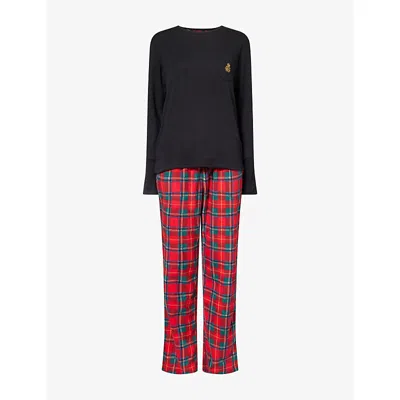 RALPH LAUREN WOMENS LAUREN RALPH LAUREN CREW PLAID LONG-SLEEVE FLEECE PYJAMA SET