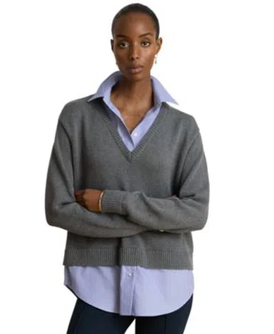 Ralph Lauren Womens Layered Button Trim Heathered Sweater In Gray