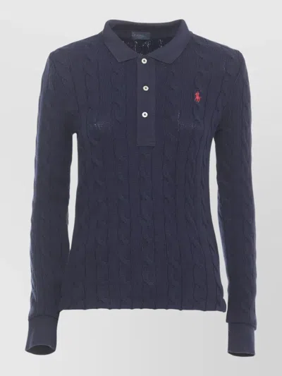 Ralph Lauren Womens Long Sleeve Cable Knit Polo Collar In Blue
