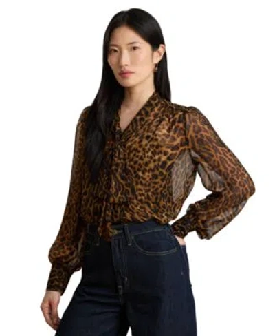 Ralph Lauren Womens Ocelot Print Chiffon Tie Neck Blouse In Multi