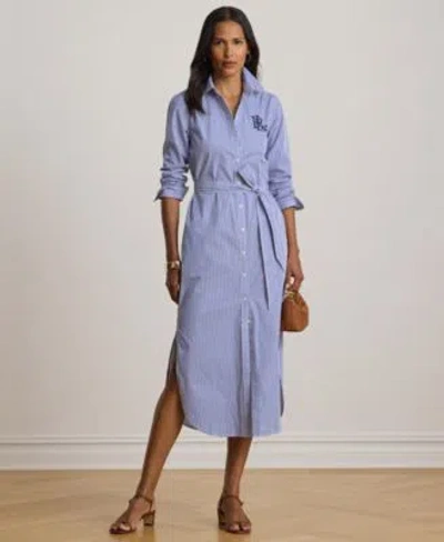 Ralph Lauren Womens Point Collar Striped Broadcloth Shirt Dress In Blue