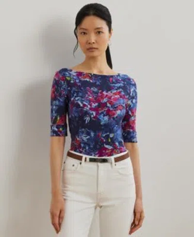 Ralph Lauren Womens Print Stretch Cotton Boatneck Tee P Xs 3x In Multi