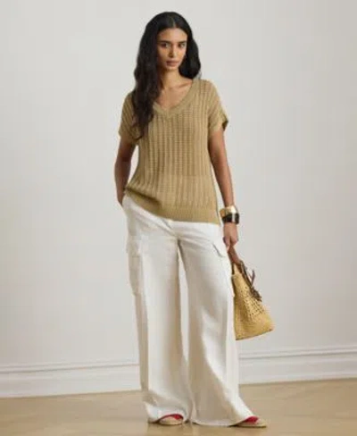 Ralph Lauren Womens Short Sleeve V Neck Ribbed Sweater In Neutral