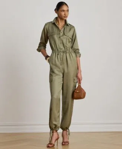 Ralph Lauren Womens Spread Collar Shantung Cargo Jumpsuit In Green