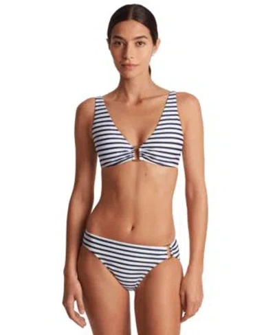 Ralph Lauren Womens Striped V Neck Bikini Top Ring Hipster Bikini Bottoms In White