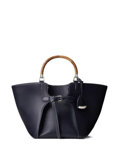 Ralph Lauren Wood-handle Leather Tote Bag In Blue