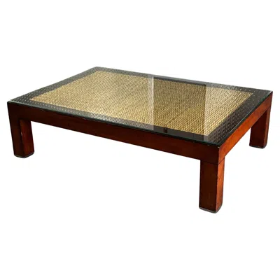 Pre-owned Ralph Lauren Wood Modern Barn Seagrass Glass Coffee Table In Brown