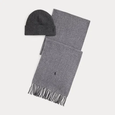 Ralph Lauren Wool Beanie & Windowpane Scarf Gift Set In Gray