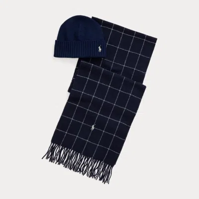 Polo Ralph Lauren Wool Beanie & Windowpane Scarf Gift Set In Hunter Navy