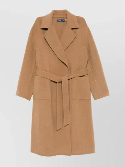 Ralph Lauren Wool Coat With Belted Waist And Notched Lapels In Brown