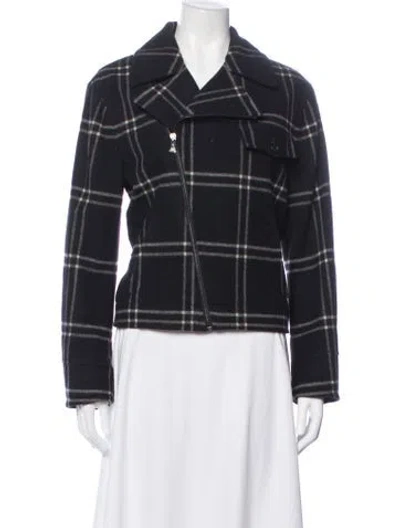 Pre-owned Ralph Lauren Wool Plaid Print Biker Jacket In Blue