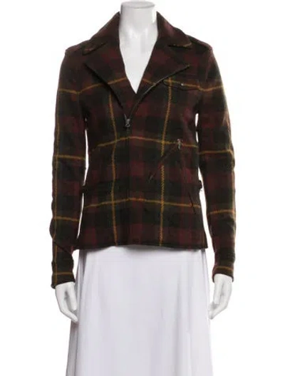 Pre-owned Ralph Lauren Wool Plaid Print Biker Jacket In Brown