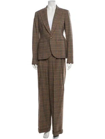 Pre-owned Ralph Lauren Wool Plaid Print Pantsuit In Brown