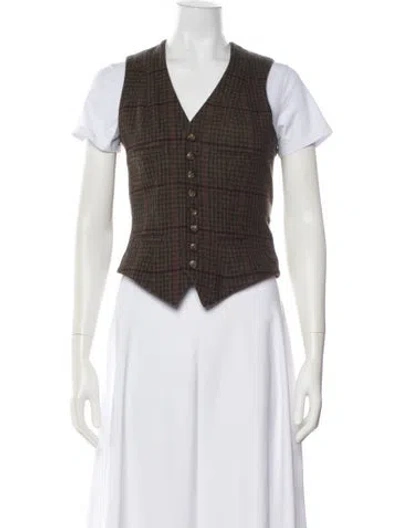Pre-owned Ralph Lauren Wool Plaid Print Vest In Brown