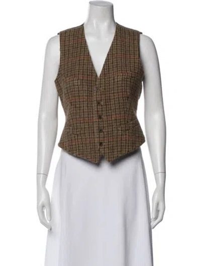 Pre-owned Ralph Lauren Wool Plaid Print Vest In Brown