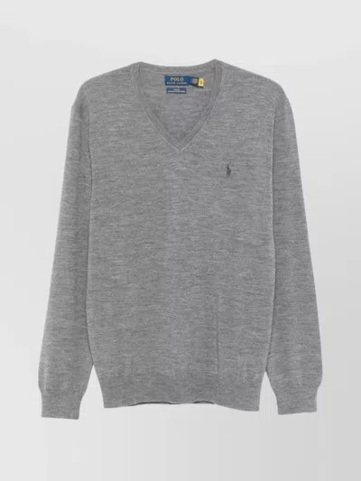 Ralph Lauren Wool V-neck Sweater Mélange Effect In Grey