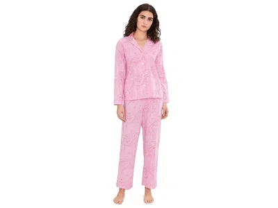 Ralph Lauren Woven Long Sleeve Notch Collar Ankle Pants Pajama Set In Pink