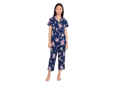Ralph Lauren Woven Short Sleeve Notch Collar Cropped Pants Pajama Set In Blue