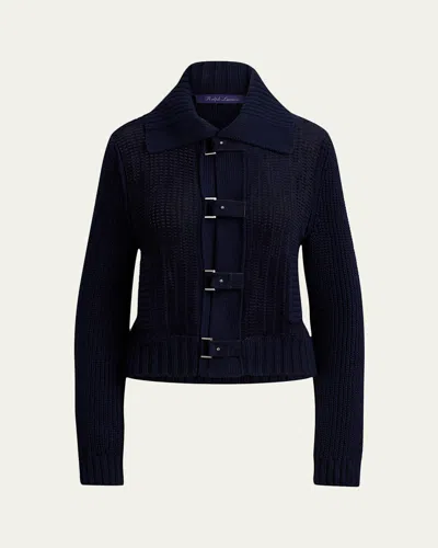 Ralph Lauren Woven Suede-front Knit Cardigan In Blue