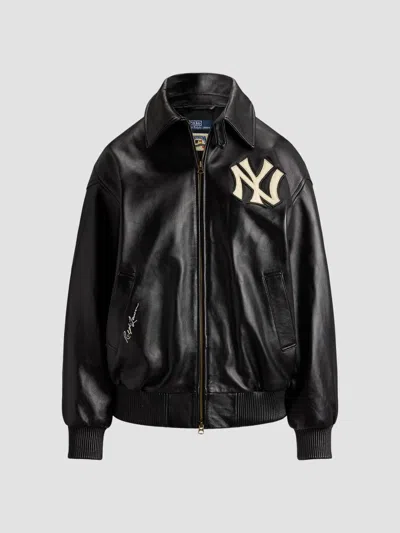 Ralph Lauren X New York Yankees Lux Leather Zip-up Bomber Jacket In Black