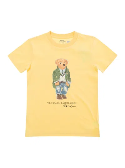 Ralph Lauren Kids' Yellow Crew Neck T-shirt With Front Bear Print In Cotton Boy In Giallo