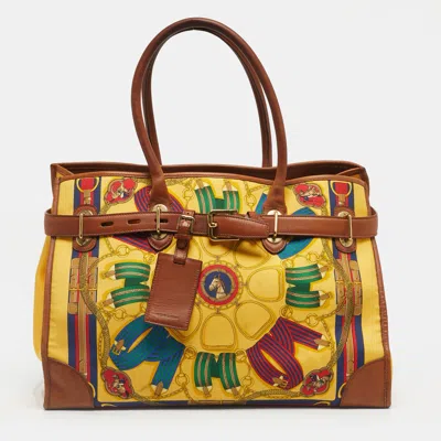 Pre-owned Ralph Lauren Yellow/brown Leather And Nylon Equestrian Scarf Tote