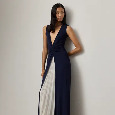Ralph Lauren Zach Two-tone Pleated Evening Dress In Icon Navy In Blue