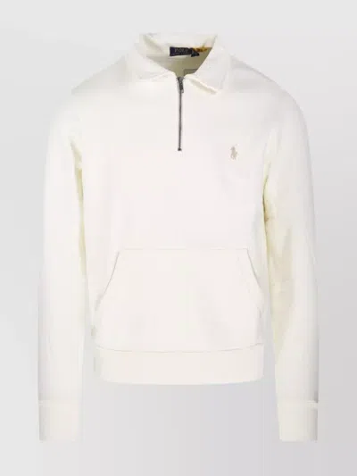 Ralph Lauren Zip Front Pocket Sweater With Ribbed Cuffs And Hem In White