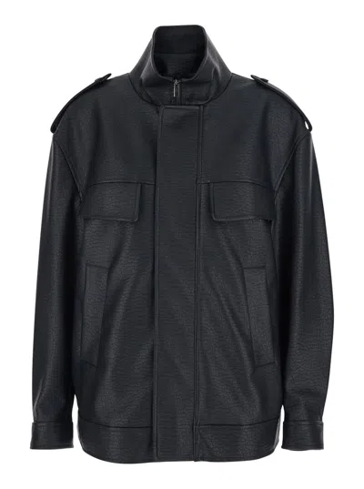 Rame Black Jacket With High Neck And Front Pockets In Faux Leather Woman