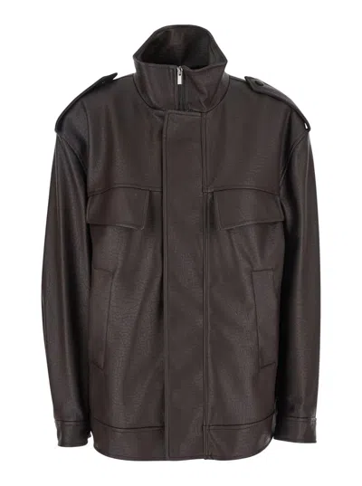 RAME BROWN JACKET WITH HIGH COLLAR AND PATCH POCKETS IN HAMMERED LEATHER WOMAN