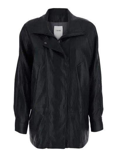 Rame Tech Fabric Blazer Jacket With Shirt Collar And Button Front In Black