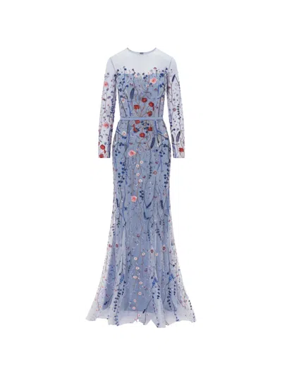 Rami Al Ali Beaded Floral Lace Gown Maxi Dress In Blue