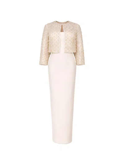 Rami Al Ali Embellished Overlay-top Tubino Maxi Gown In Gold