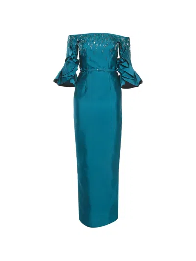 Pre-owned Rami Al Ali Embellished Ruffle-sleeve Maxi Dress In Blue