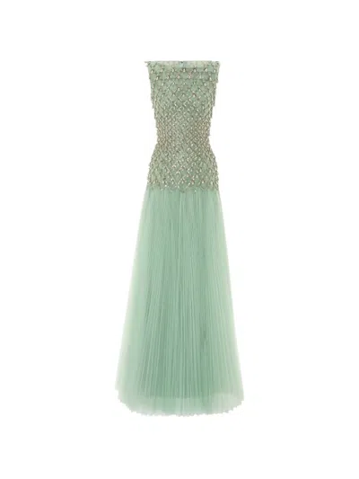Rami Al Ali Fully Beaded Pleated Maxi Gown In Blue