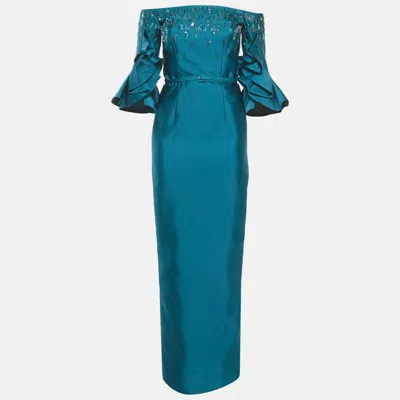 Pre-owned Rami Al Ali Green Satin Embellished Ruffle Sleeve Maxi Dress S