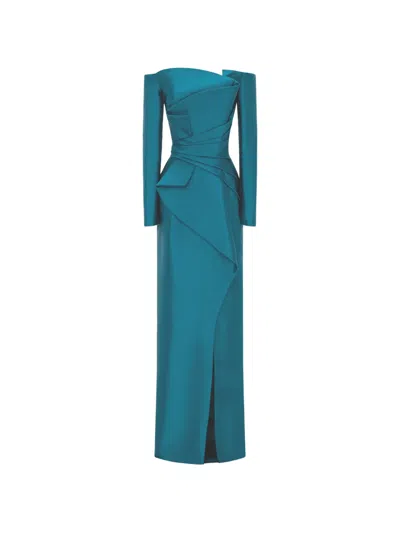 Rami Al Ali Off-the-shoulder Draped Maxi Dress In Blue