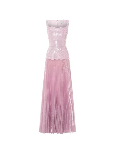 Rami Al Ali Sequin-embellished Pleated Maxi Gown In Pink