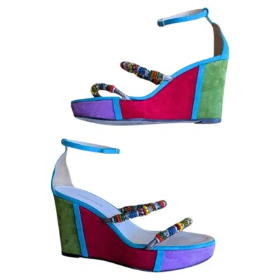 Pre-owned Ramon Tenza 2000s  Color-block Suede Wedges - Multicolored Beaded Straps In Gray