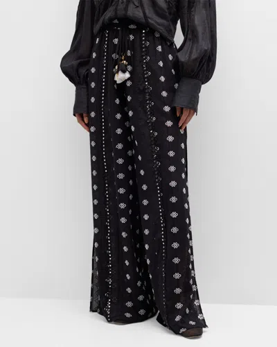 Ramy Brook Adelia Embroidered Drawstring Pants In Black White Combo