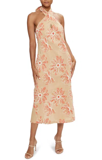 Ramy Brook Aiden Embroidered Halter Midi Dress In Natural Fleur In Neutral