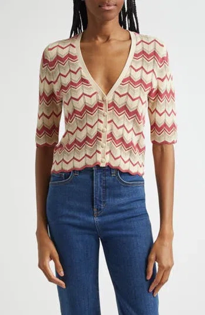 Ramy Brook Alec Chevron Metallic Stripe Cotton Blend Cardigan In White