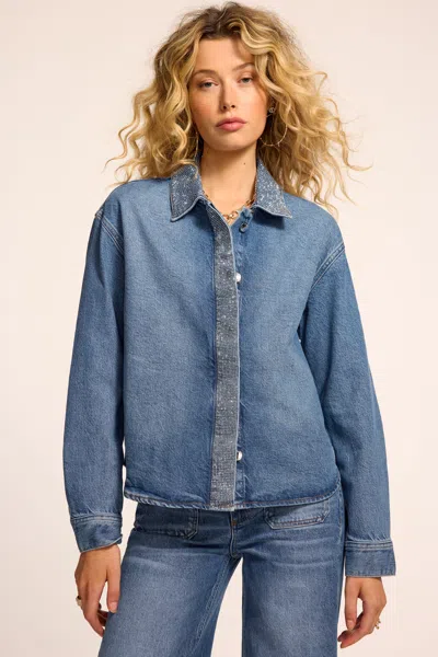 Ramy Brook Alison Embellished Denim Button Down Top In Blue