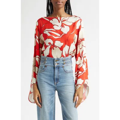 Ramy Brook Amanda Floral Flare Cuff Top In Red