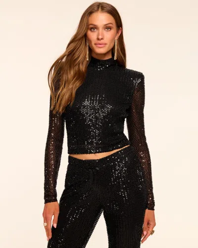 Ramy Brook Amber Beaded Sequin Mock Neck Crop Top In Black
