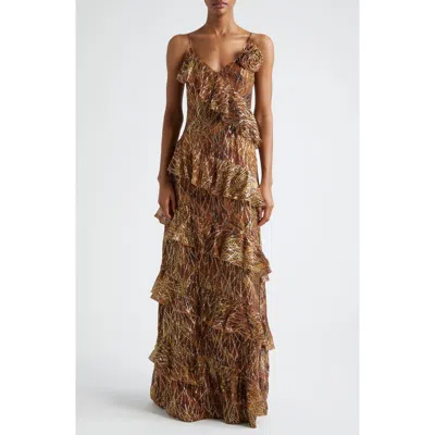 Ramy Brook Aneta Metallic Ruffle Gown In Gold Animal