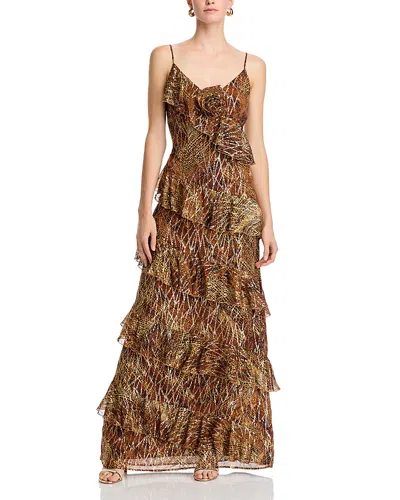 Ramy Brook Aneta Ruffled Gown In Gold Animal